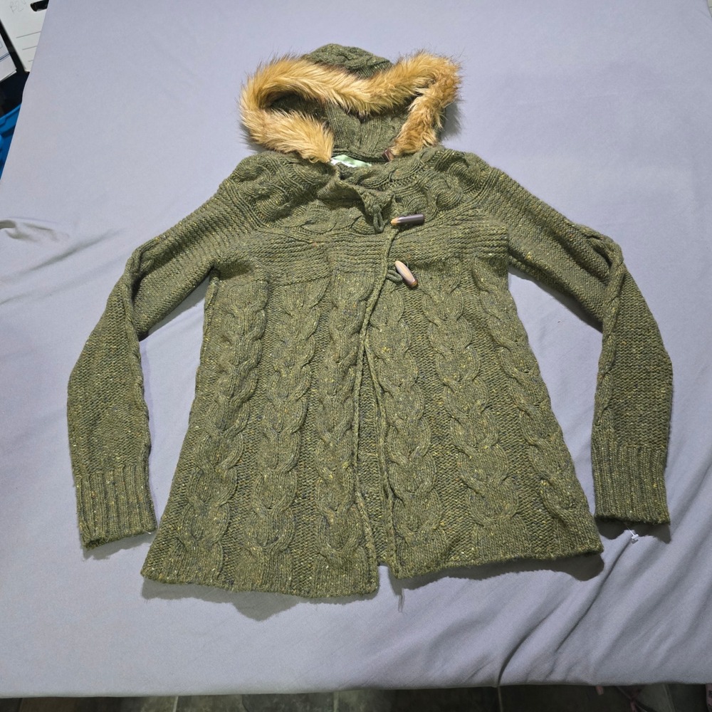 Vintage Old Navy Cardigan Sweater Medium Green Cable Faux Fur Hood Toggle
